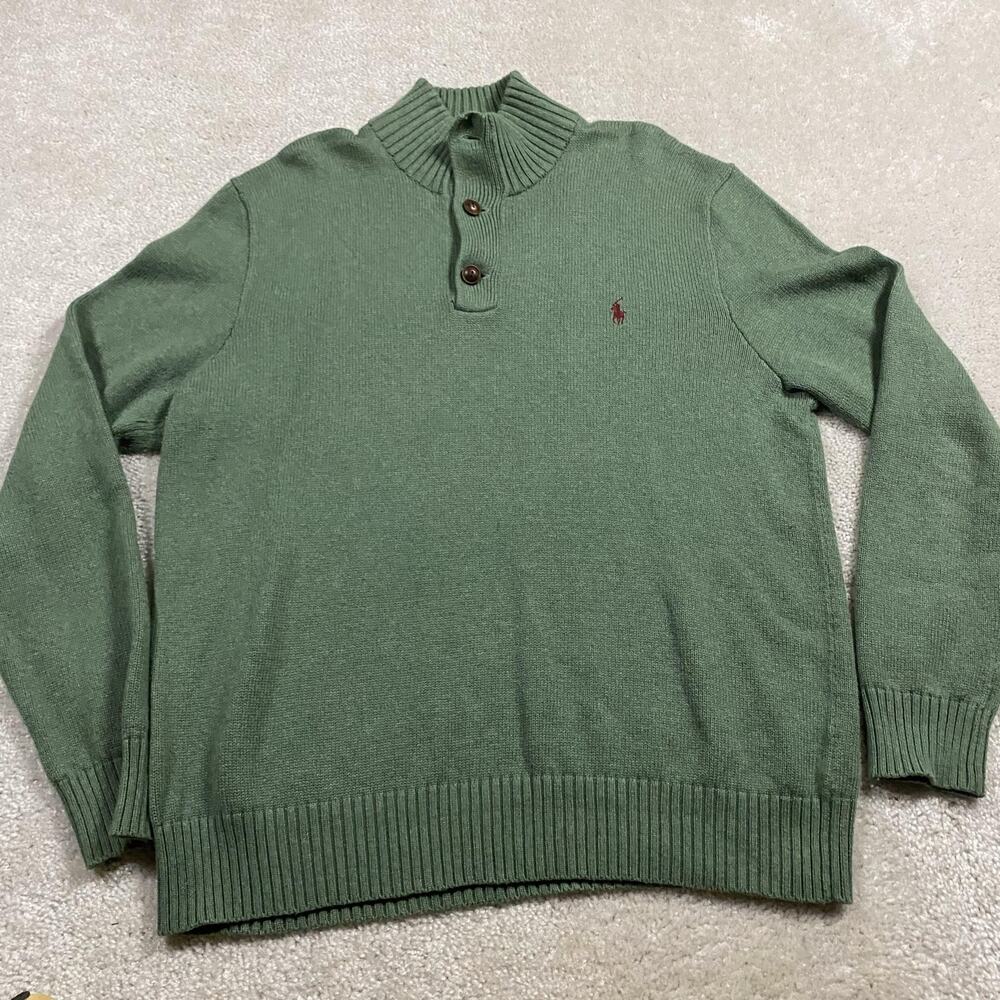 Polo Ralph Lauren Sweater Mens XL Green Mock Neck Henley Knit Pullover Pony